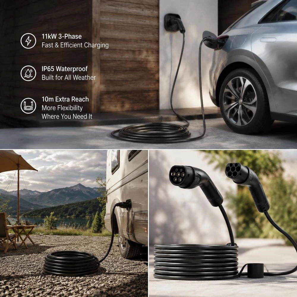 EV Charging Cable, 16 A, 10 M, Max. 11 KW, Extension Cable, Compatible With Type 2 Chargers For Electric Vehicles, 3-phase AC, 480 V, 50 Hz, IP65, Car Charging Cable With Carrying Case