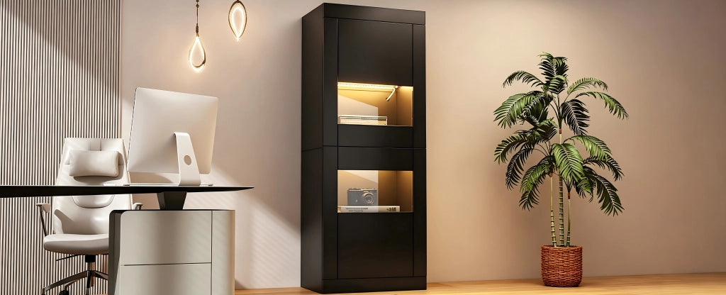 Vetrina con LED e 2 ante, 3 ripiani regolabili e 4 vani, per soggiorno e sala da pranzo, nero, 61 × 42 × 162 cm