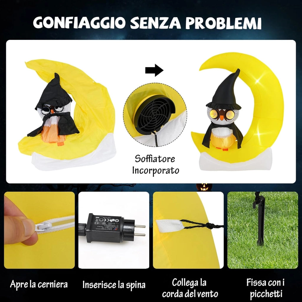 COSTWAY Decorazione Gonfiabile per Halloween 130 x 155 CM, Decorazione di Halloween Illuminata con LED e Grande Luna e Gufo Mago e Soffiatore Incorporato, per Cortile, Prato e Feste