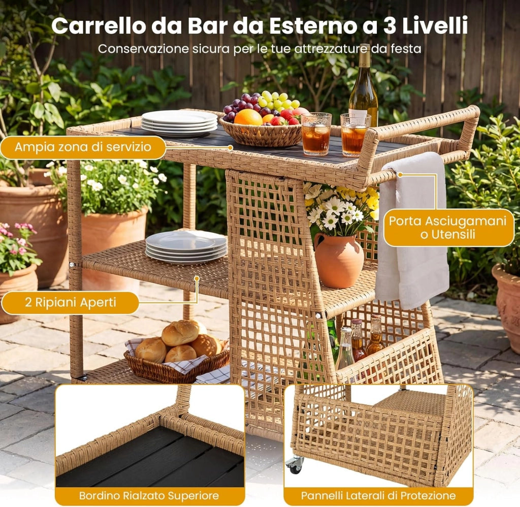 Carrello Bar da Esterno, Carrello Portavivande in Rattan con 4 Ruote, 3 Ripiani Aperto e Maniglia Laterale, Carrellino da Servizio per Cucina, Giardino e Bordo Piscina, 98 x 54 x 92 cm