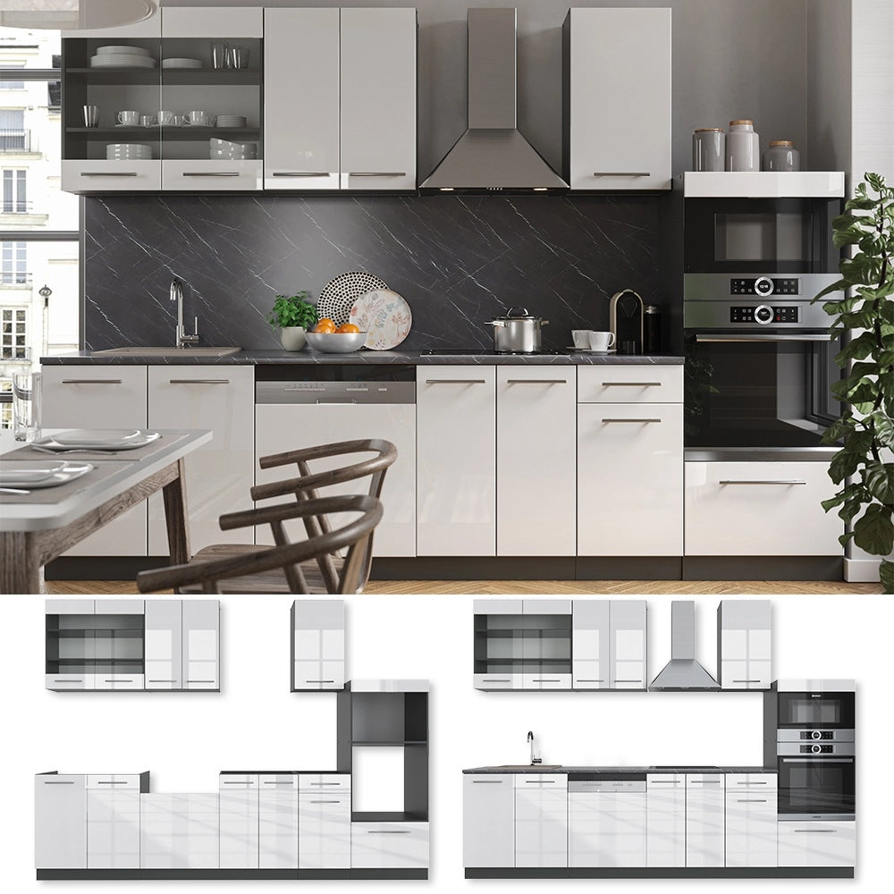 Cucina componibile Fame-Line Bianco lucido/Antracite 300 cm con armadio alto, PL Antracite Vicco