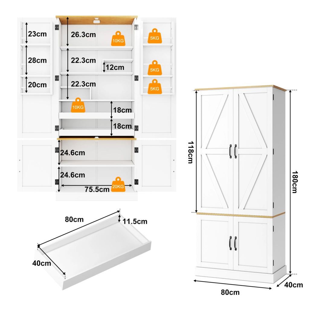 Credenza alta moderna in MDF bianco 80x40x180 cm con ante; cassetti e luce con sensore