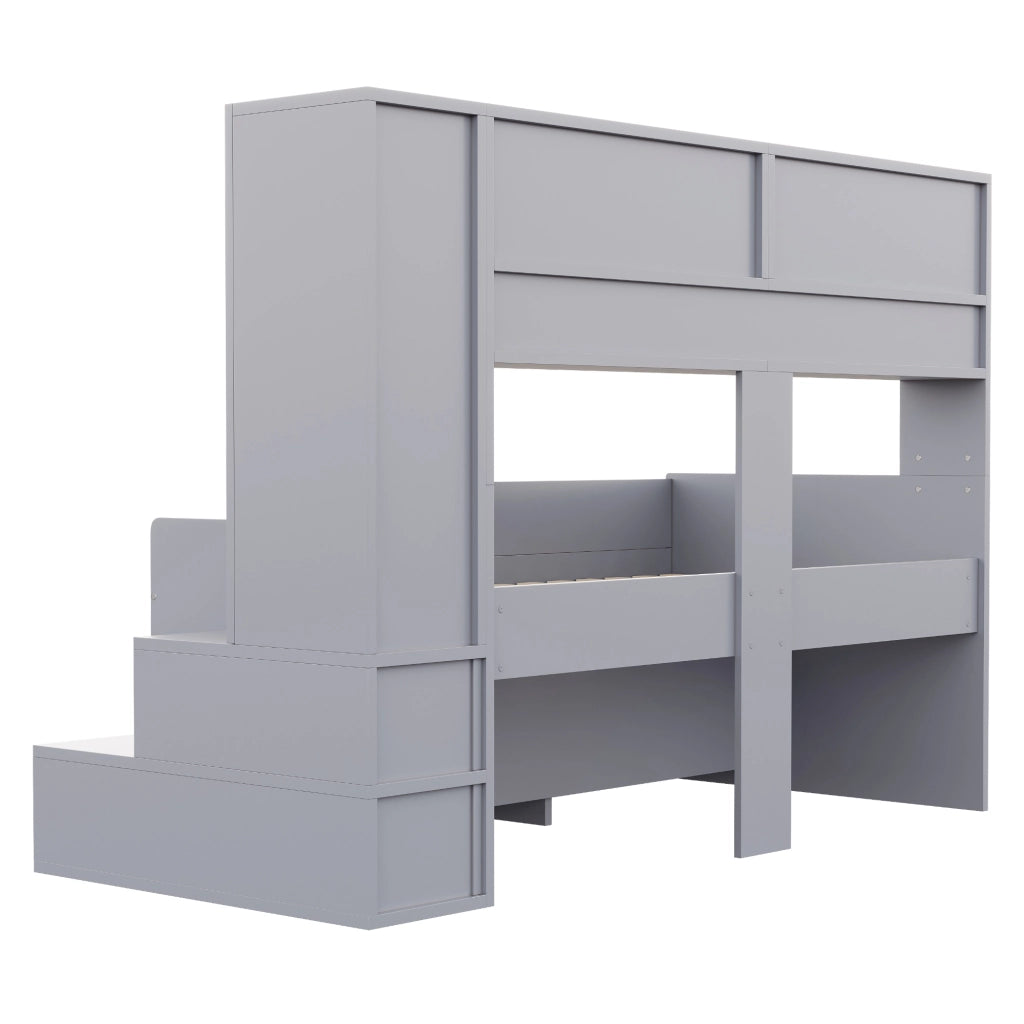 Letto a soppalco 90x200 cm con armadio; ripiani; scala; LED e parapetto di sicurezza; legno grigio