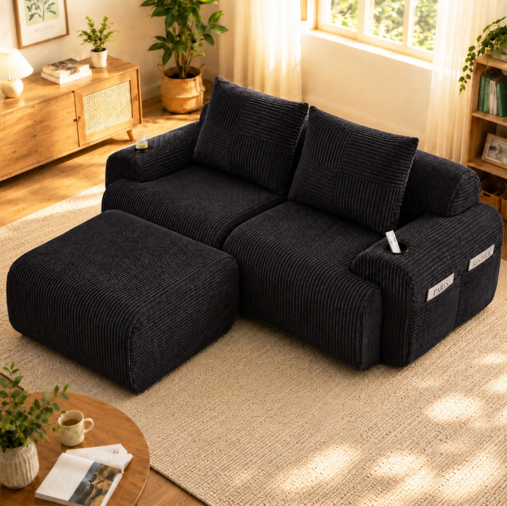 Divano modulare a 2 posti in corduroy nero con portabicchieri e tasca laterale; 200x174x80 cm
