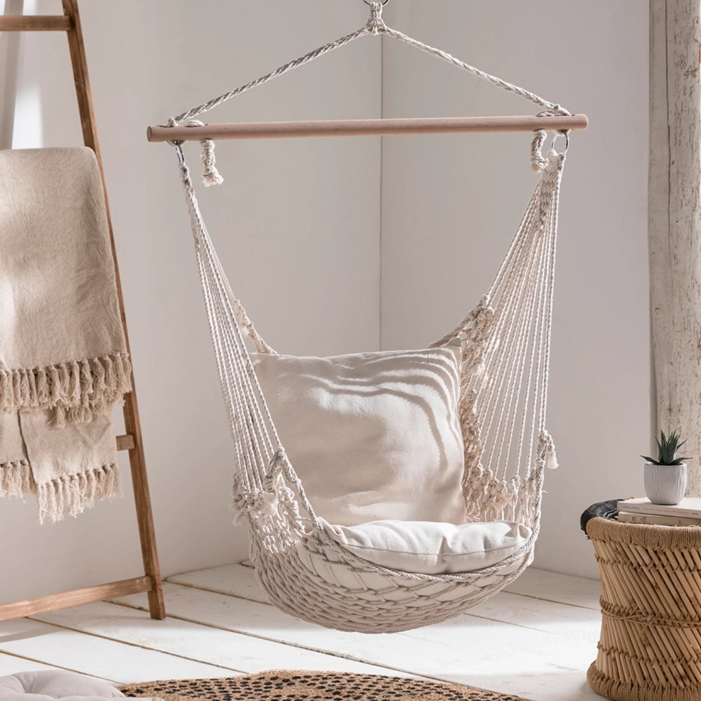 IDMarket - Poltrona sospesa bohémien con 2 cuscini, design macramé ecru