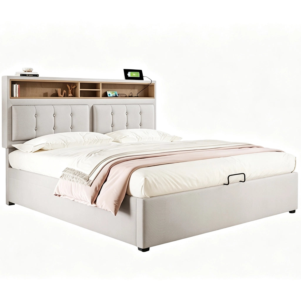 Letto matrimoniale imbottito 140x200 con contenitore; rete a doghe e testiera regolabile beige