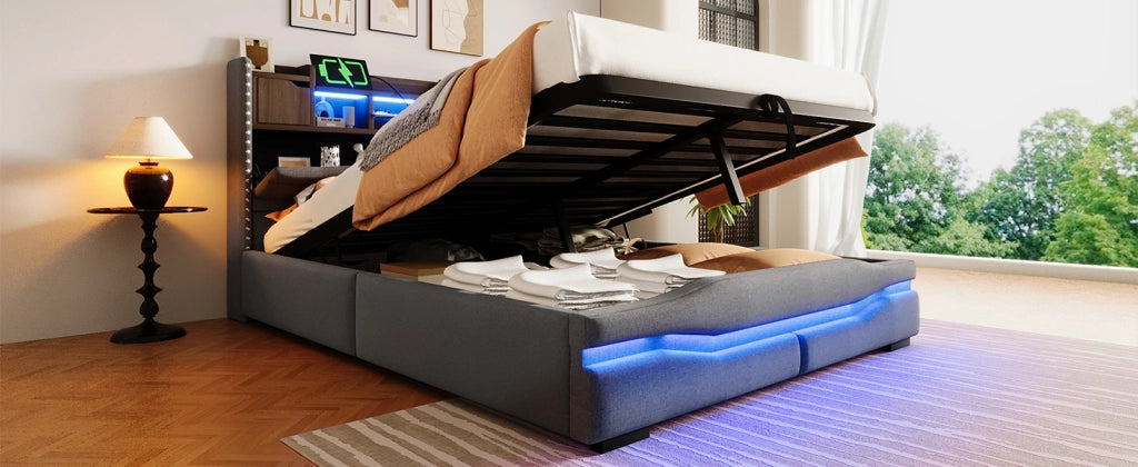 DESMIU Letto contenitore 140 × 200 cm 2 posti con LED, USB, Type-C e vano idraulico, senza materasso, grigio