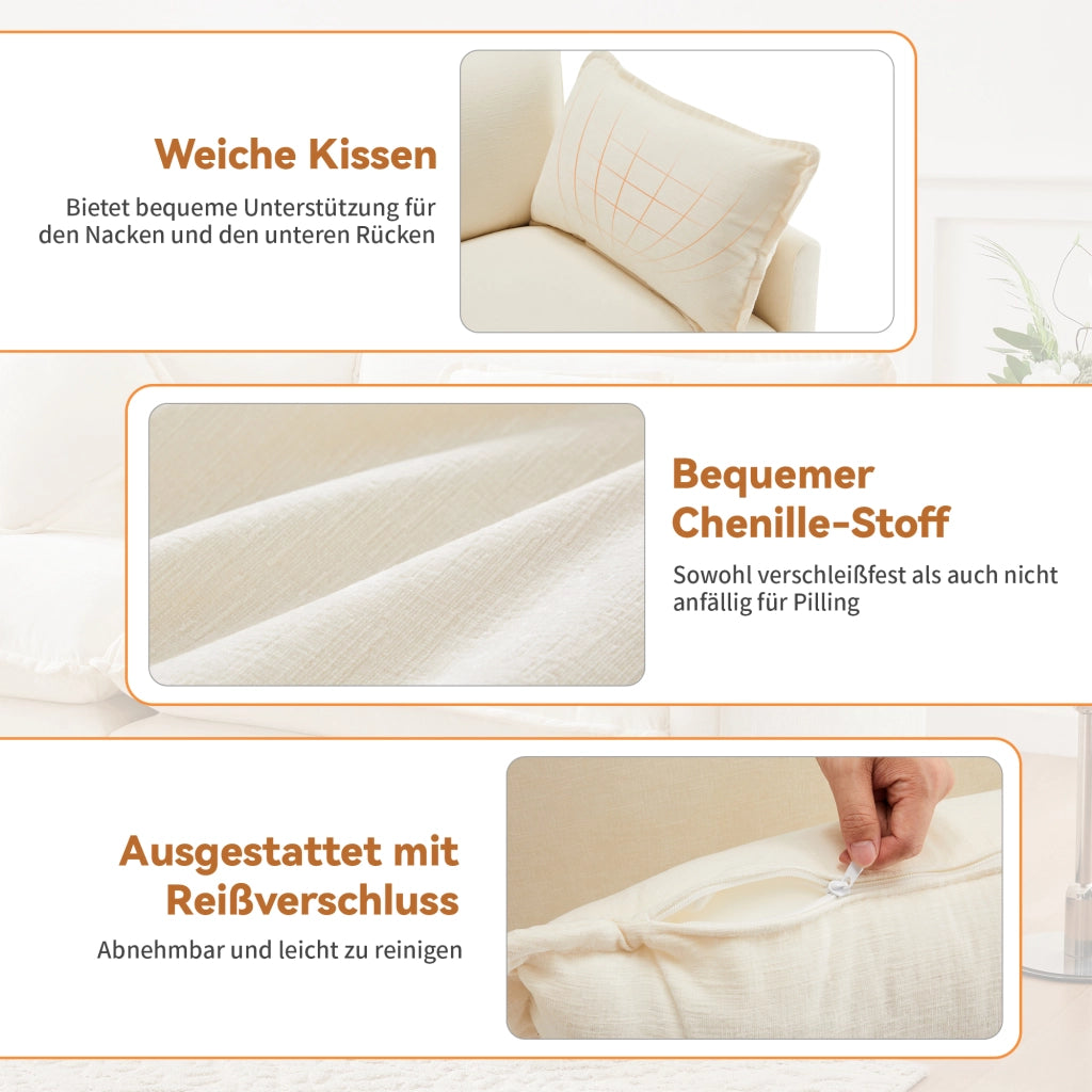 Divano angolare reversibile 3 posti con cuscini bracciolo e cuscino lombare, in Chenille Beige
