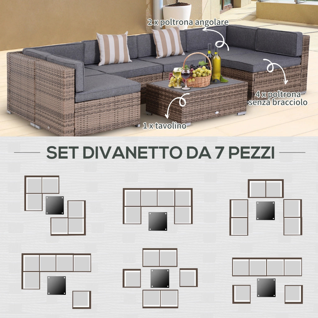 EasyComfort Salotto da Giardino in Rattan da 7 Pezzi con Tavolino e Divano Modulabile con Cuscini, Grigio
