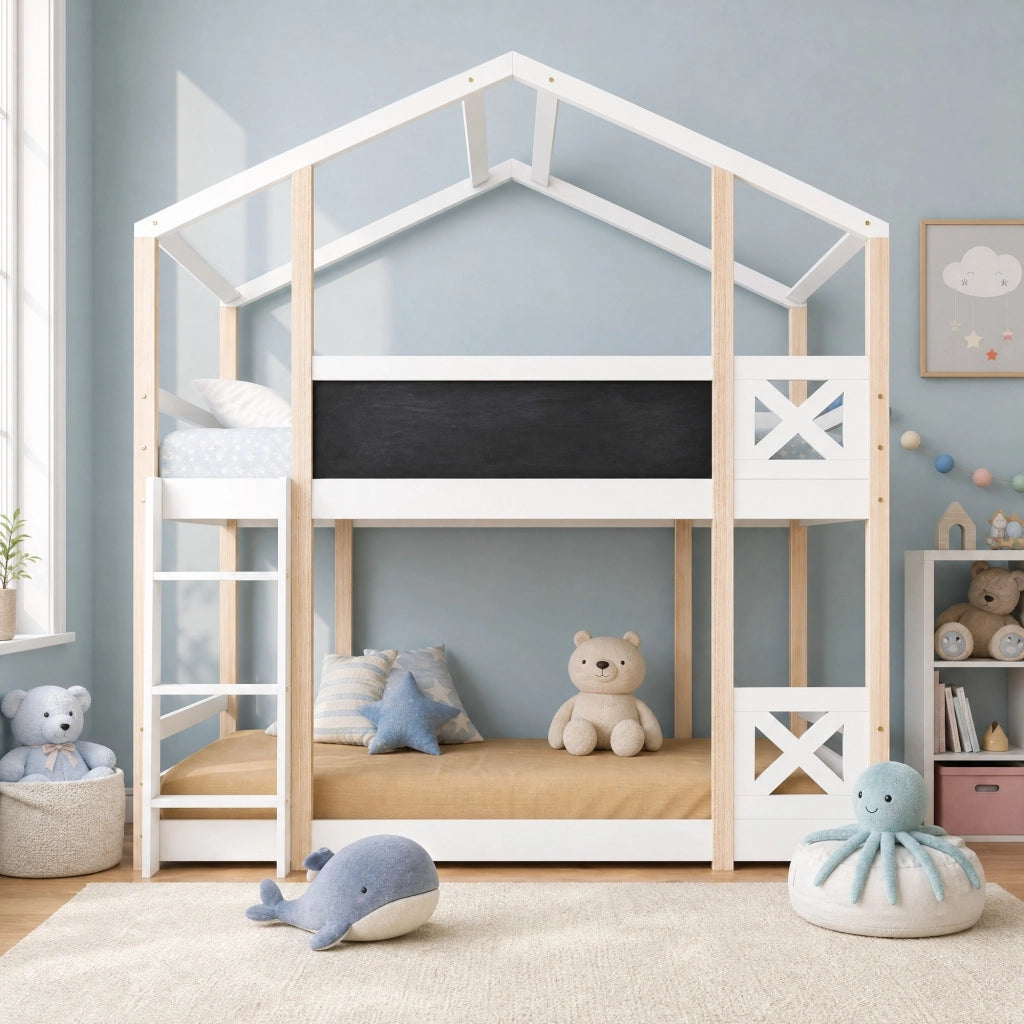 Letto a soppalco per bambini 90x200 cm con scala, 2 reti a doghe, bianco