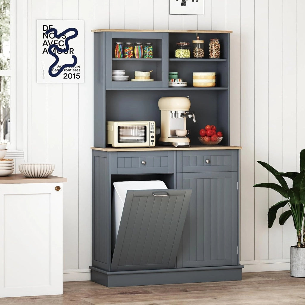 Credenza da Cucina con 3 Ante, 2 Cassetti e Pattumiera 38 L, Piano di Lavoro in Legno, 3 Ripiani Regolabili e 4 Armadi, 100 x 34 x 172 cm, Ideale per Cucina e Soggiorno (Bianco)