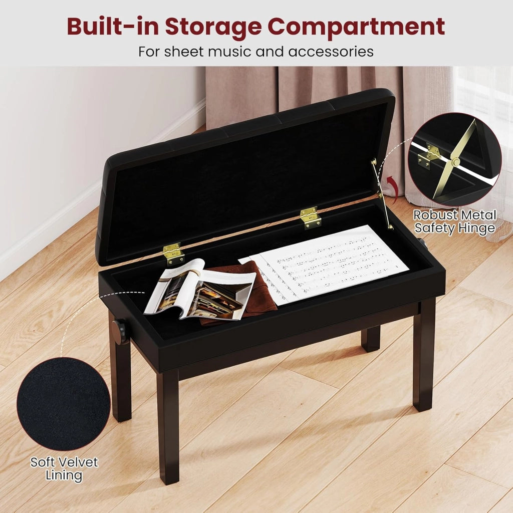 Panca per pianoforte con altezza regolabile 48-58 cm, panca pianoforte imbottita per 2 persone, sgabello con spazio di archiviazione e gambe antiscivolo, nero