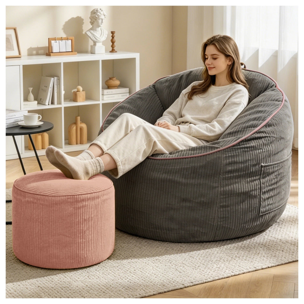 Fauteuil pouf ergonomico con tasca laterale e pouf cilindrico in flanella grigio 50 × 43,5 × 35,5 cm