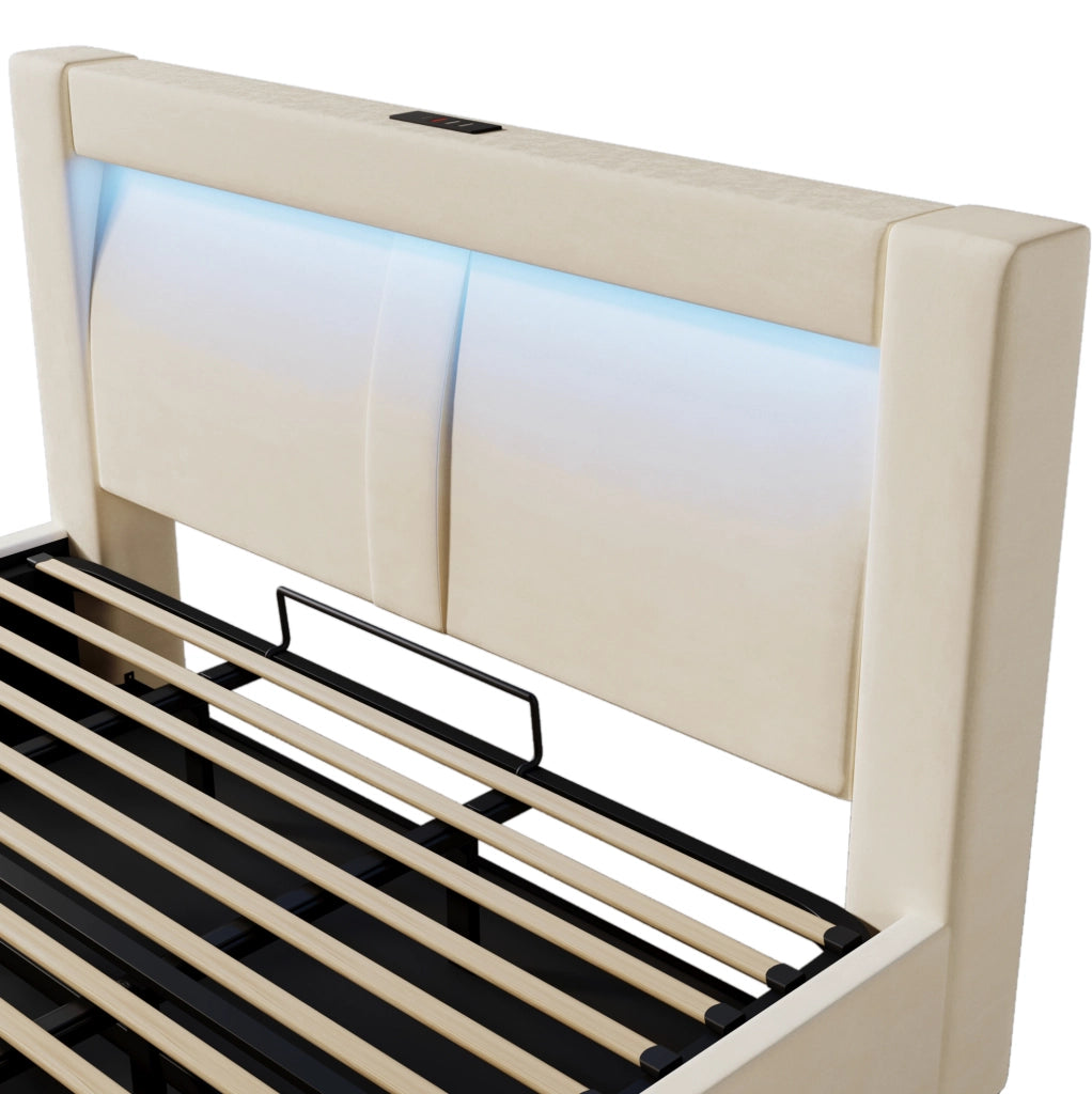 Letto matrimoniale ULEVR 180x200 cm contenitore con LED, USB e Type-C, velluto beige