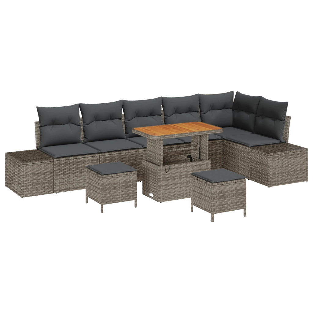 Set di Divani da Giardino 9 Pezzi con Cuscini Grigio Polyrattan Acacia