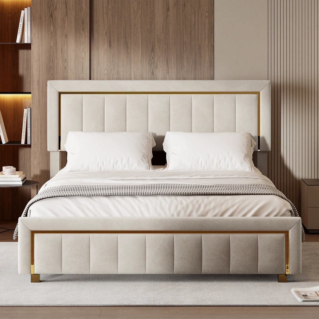 Letto matrimoniale con contenitore idraulico 140x200cm, velluto beige, dettagli in metallo oro, testiera imbottita, struttura robusta capacità 250kg