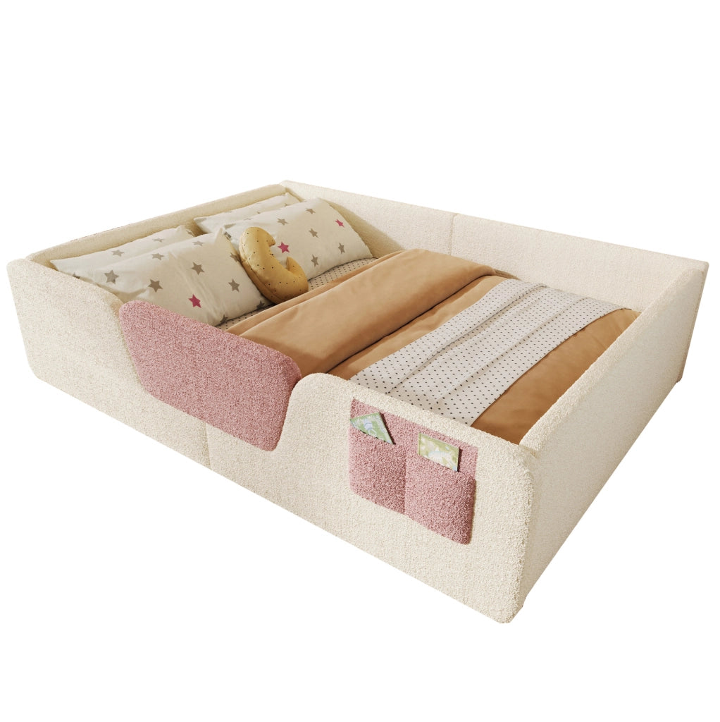 Letto imbottito 140x190 cm con spondine removibili e tasca portaoggetti in velluto beige