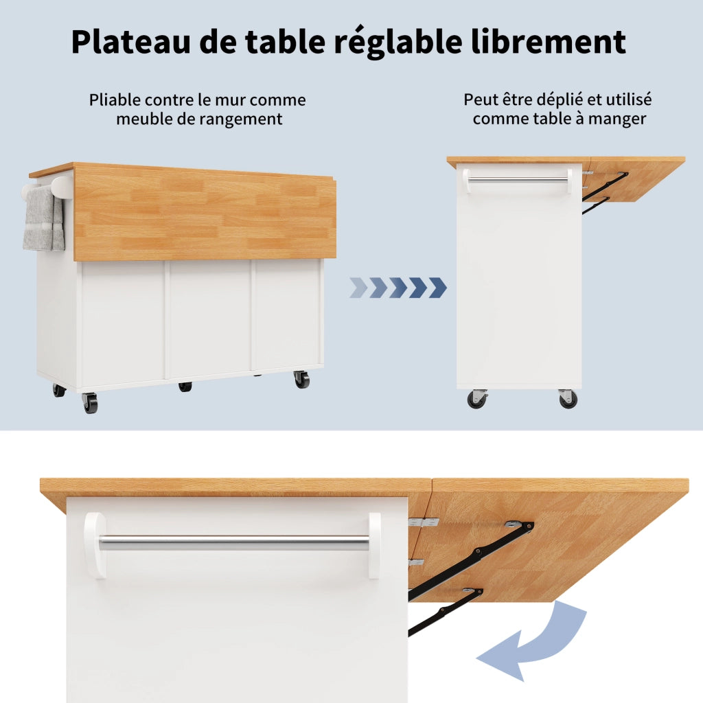 Carrello da cucina con 8 cassetti; armadietto; piano ribaltabile e ruote; MDF; 122 x 46 x 91;5 cm; bianco