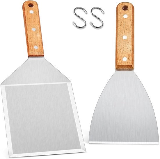 Set di Spiedini per BBQ in Acciaio Inossidabile - 2 pezzi - Manico in Legno - Ideale per la Griglia - Accessorio per Barbecue - Spiedini per Plancha - Spatola per Barbecue