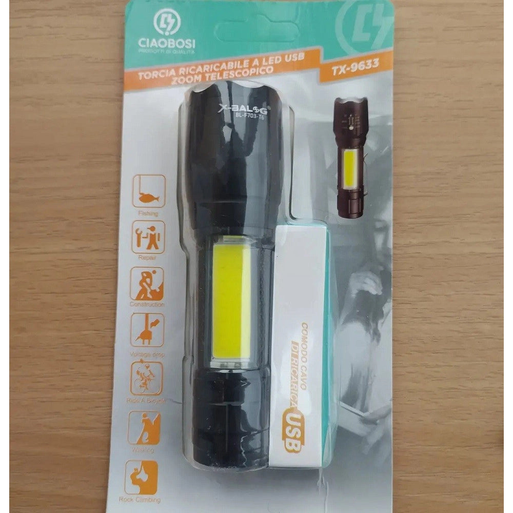 Trade Shop - Torcia Tattica Usb Ricaricabile A Led Zoom Telescopico Escursioni Pesca Tx-9633 -