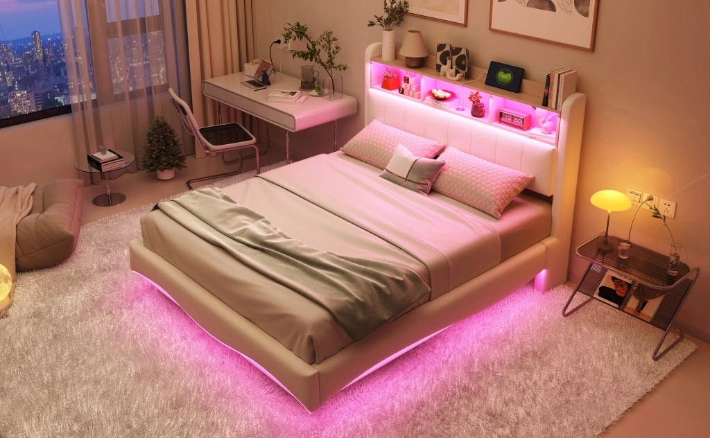 DESMIU Letto matrimoniale 140 × 200 cm 2 posti con LED, USB, Type-C e vano contenitore, senza materasso, beige