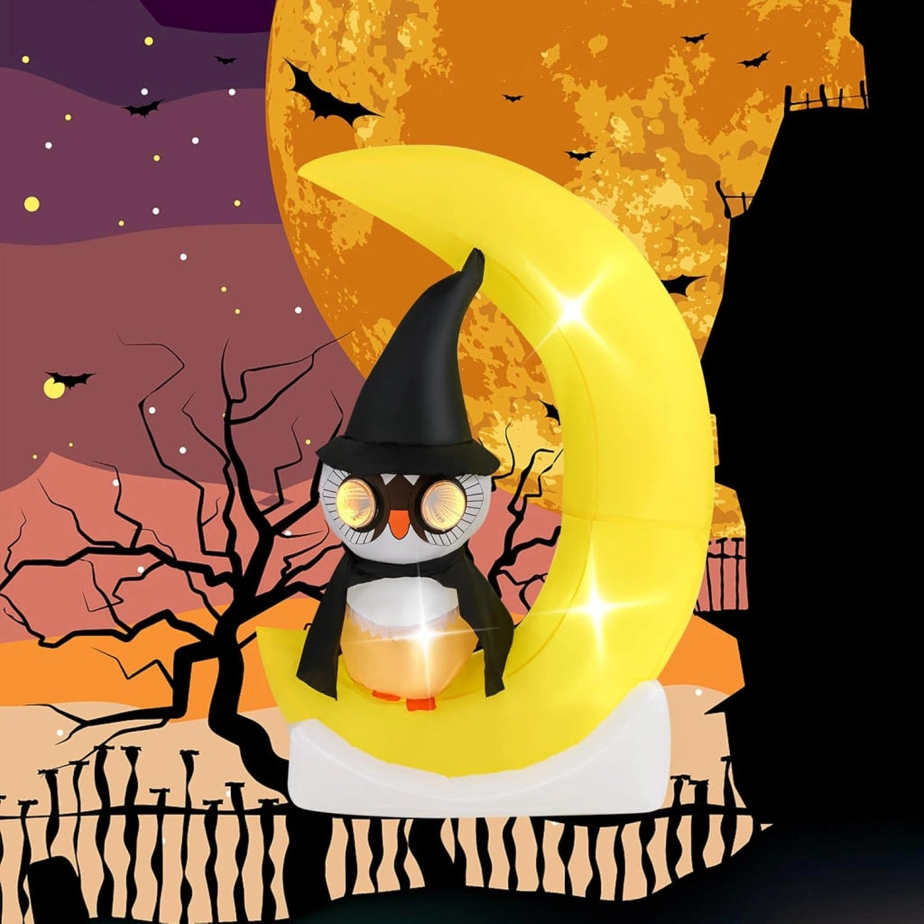 Decorazione Halloween, gufo decorativo con luna gonfiabile, 130 x 60 x 155 cm, 3 luci a LED e 2 grandi luci lampeggianti, soffietto incluso, decorazione per Halloween all'aperto e interni