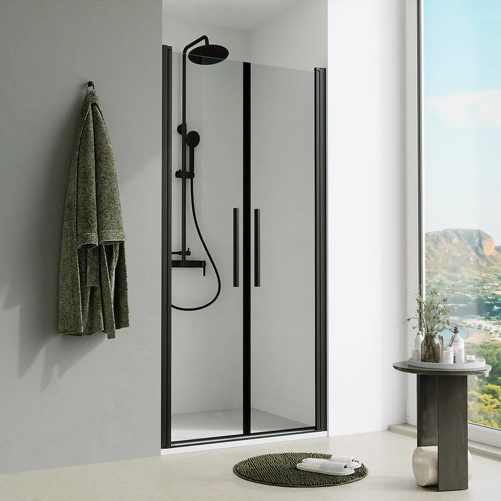 Porta doccia 70cm apertura saloon con profili nero opaco e vetro da 6mm trasparente h195 | Elba