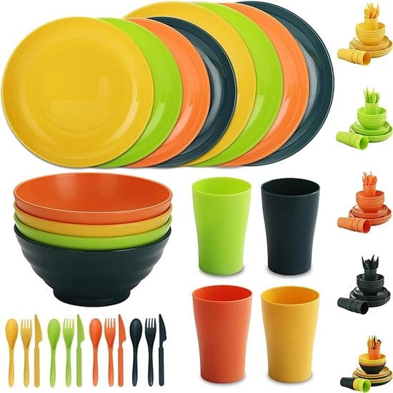Set di servizio in plastica da 28 pezzi, bicchieri, piatti, piatti, coltelli, forchette, cucchiai reutilizzabili, leggeri, adatti per camping, picnic e uso quotidiano, lavastoviglie compatibile.