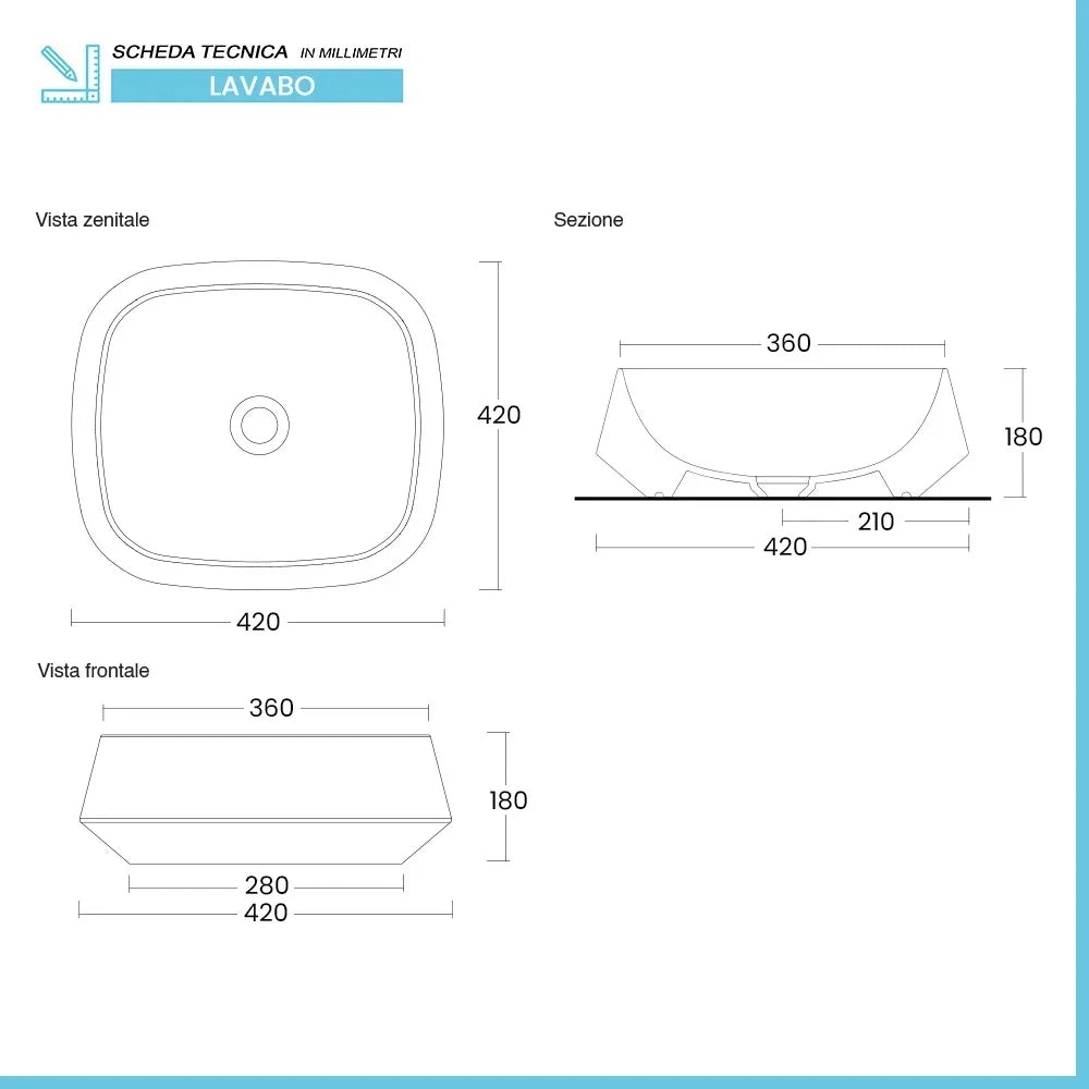 Lavabo da appoggio in ceramica bianco lucido quadrato 42 cm  Aris