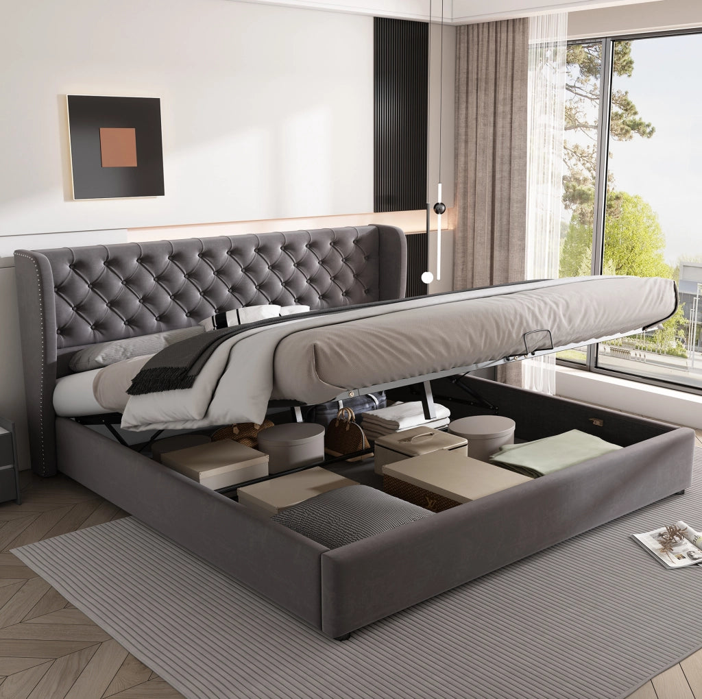 Letto matrimoniale 180x200 in velluto grigio con contenitore