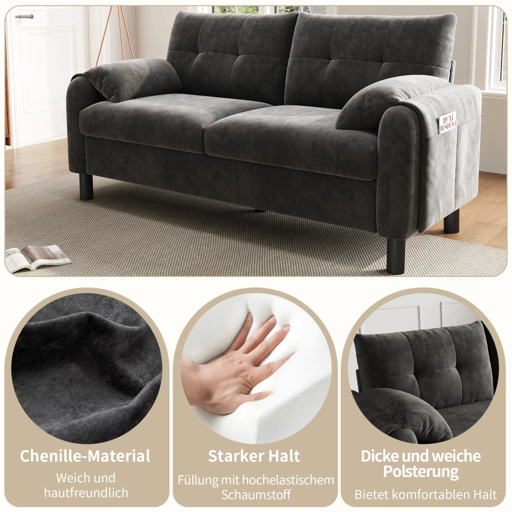 Divano lineare 2 posti - con tasche laterali e cuscini - in chenille grigio