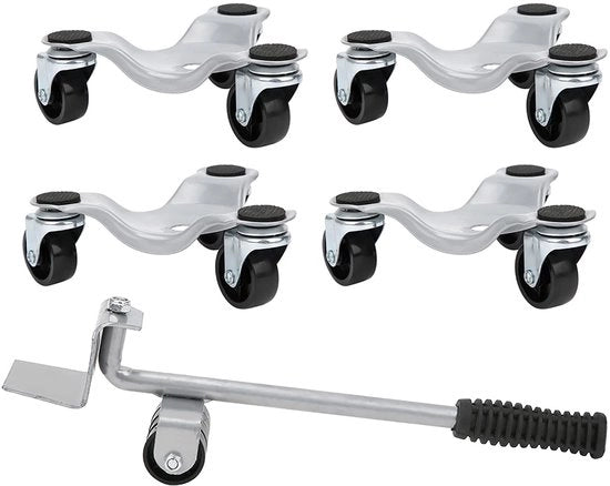 Set di trasporto mobiliere - Set di trasporto oggetti - Sistema di maniglie ergonomiche - Con ruote inclinabili - In acciaio argentato - Peso massimo 400 kg