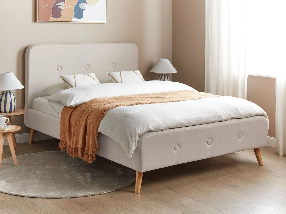Letto a doghe Gambe in legno imbottite in tessuto poliestere beige 140 x 200 cm matrimoniale Design moderno