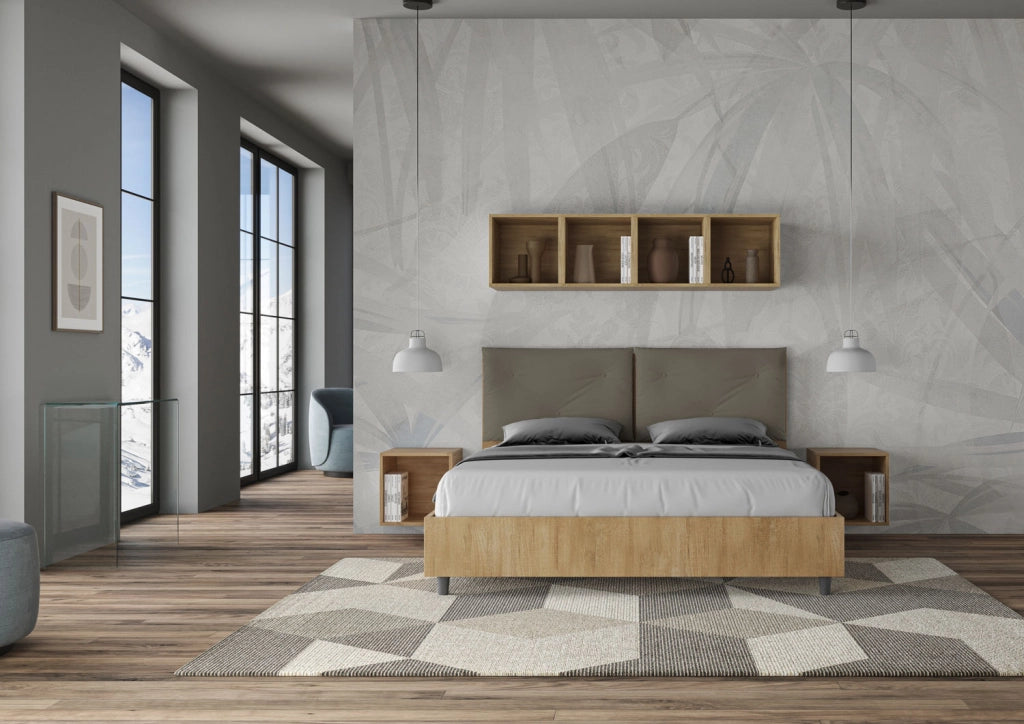 BS COM Letto matrimoniale contenitore doppia alzata 160x190 Quercia cuscini similpelle cappuccino