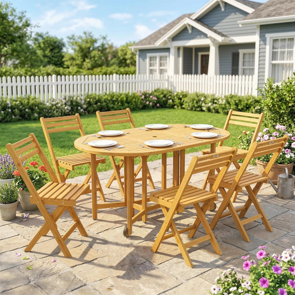Set Pranzo 7 Pezzi, Tavolo Estensibile Legno e 6 Sedie Pieghevoli per Giardino