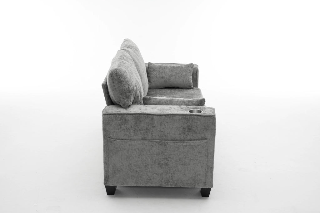 Divano a 2 posti con portabicchieri e tasche laterali in tessuto chenille grigio scuro per soggiorno 182 cm