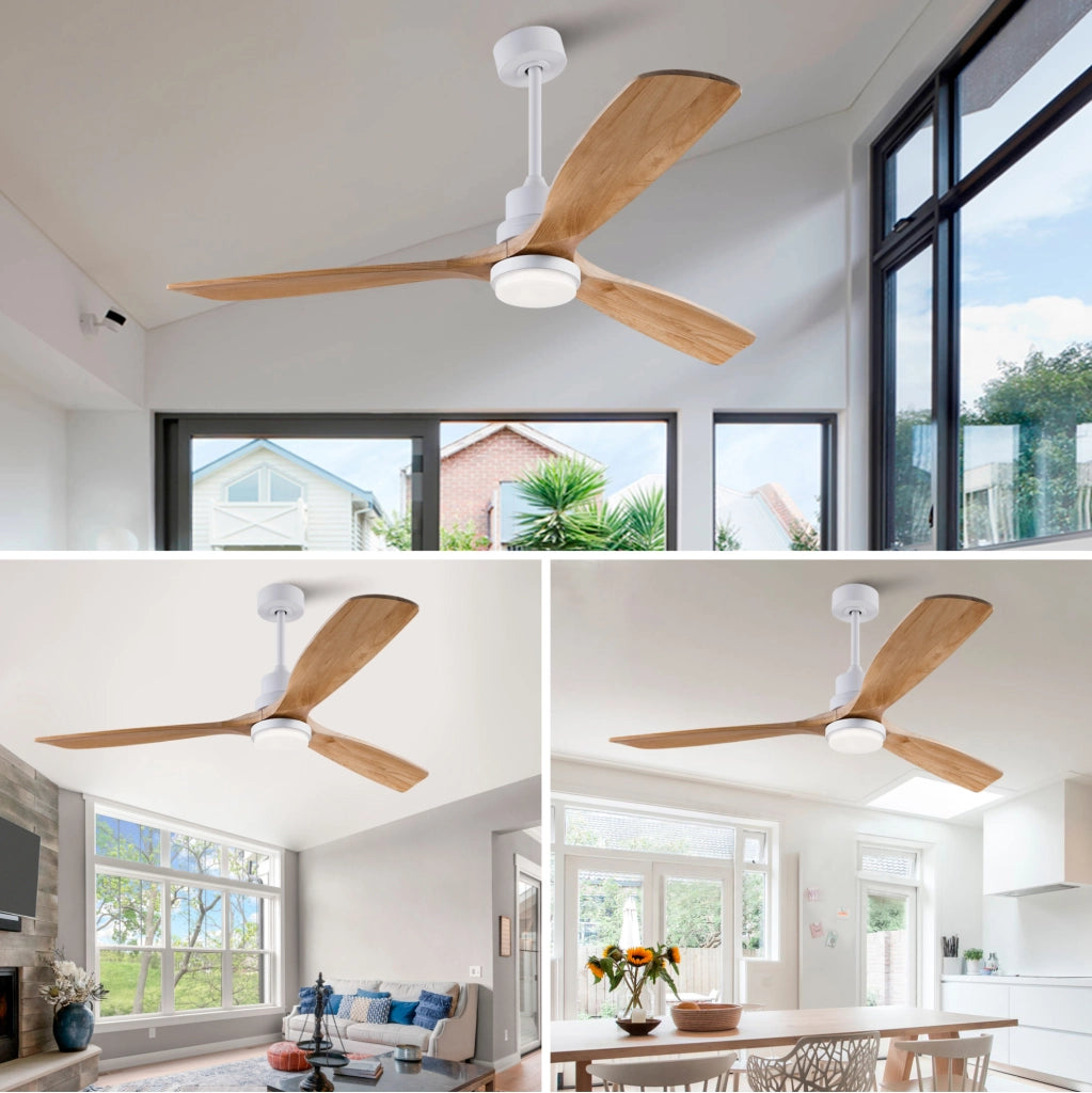 Ventilatore da soffitto 60" in legno massello, 3 pale, LED con telecomando