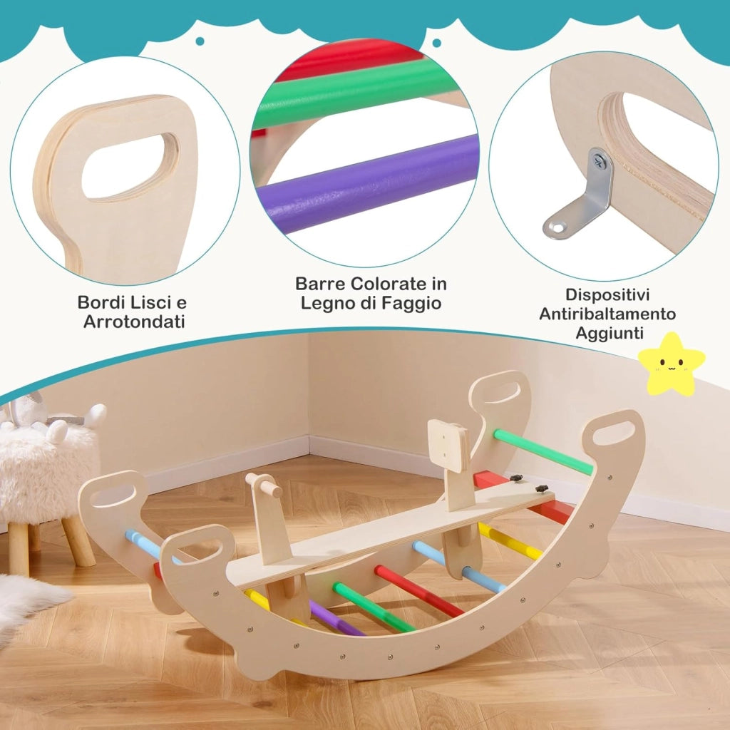 4 in 1 Arrampicata per Bambini, Arco Cavallo a Dondolo Multifunzionale in Legno, Dondolo a 35°, Ideale per Bambini 1-5 Anni, 112 x 52 x 44 cm