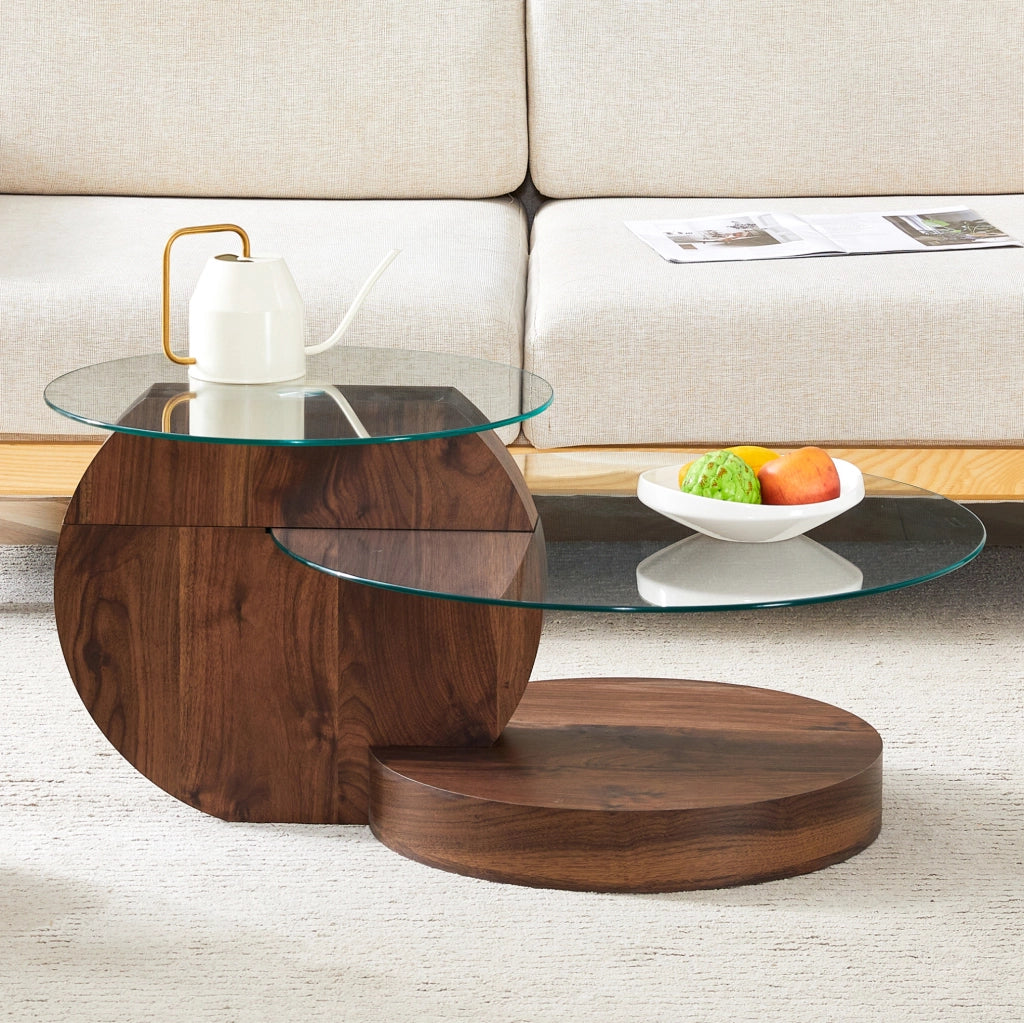 Tavolino da caffè moderno a due ripiani in vetro temperato e MDF; 78;5x78;5x24;5 cm; noce e trasparente