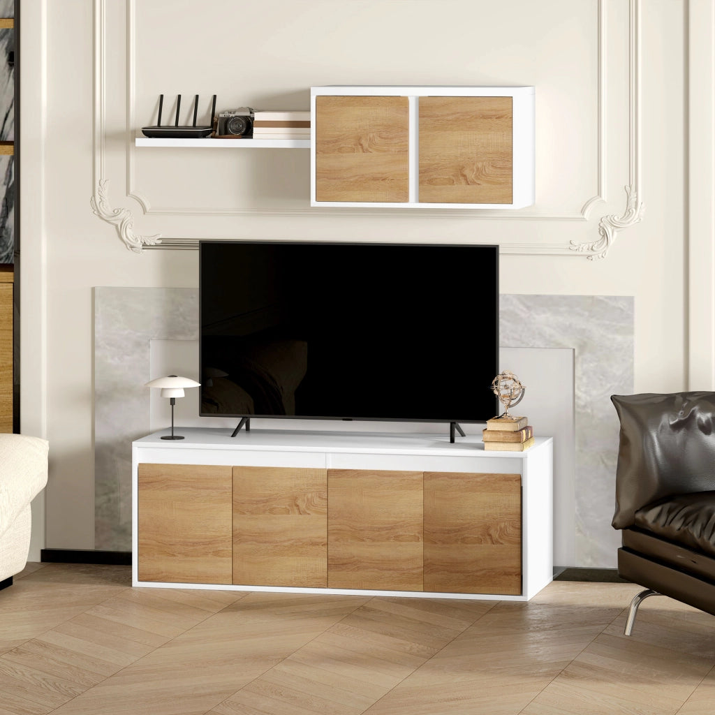 Set Mobile TV e Armadietto a Muro con 7 Ripiani e Scaffale Aperto, in Legno, 120x41x43.3 cm, Bianco e color Legno