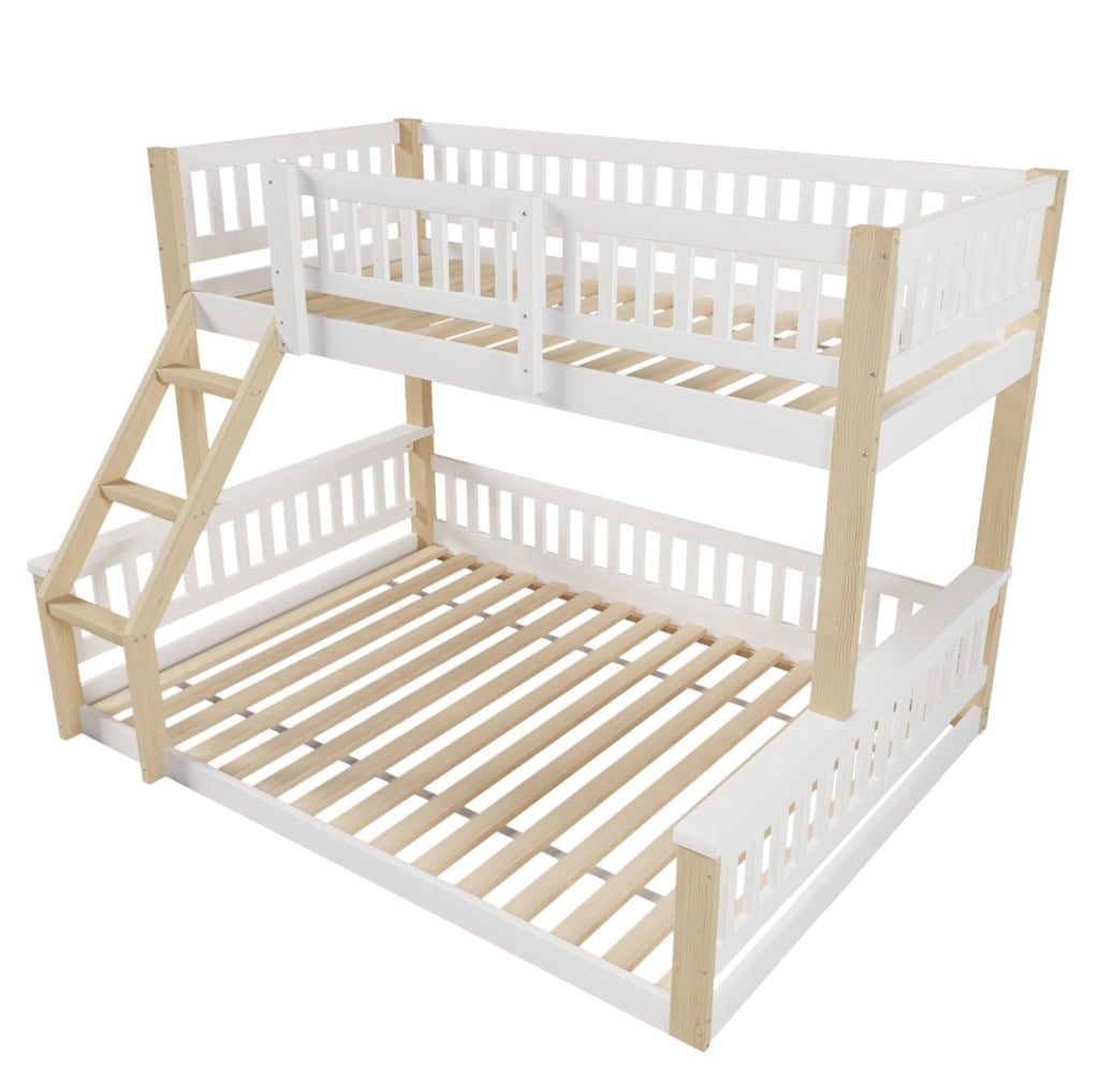 Letto a castello in legno di pino 90x200 cm + 140x200 cm; bianco e naturale