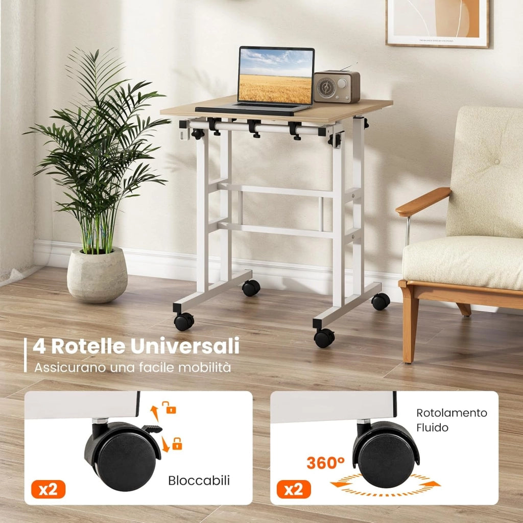 Scrivania per Computer Regolabile in Altezza, Postazione di Lavoro per Computer con Ruote e Ganci, Tavolo Porta PC per Studio e Ufficio, 60 x 60 x 72-124 cm (Naturale)