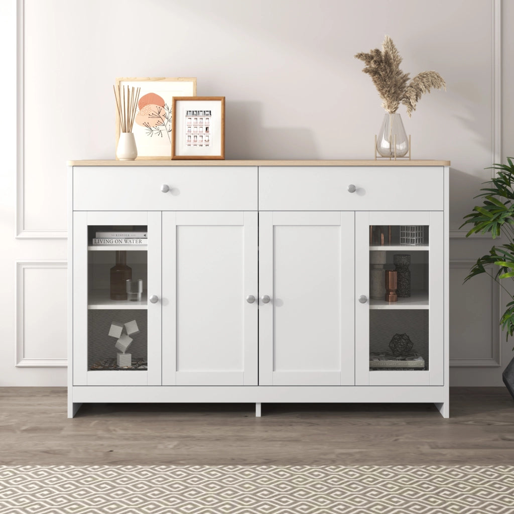 Credenza e Madia con 4 Ante di cui 1 in Vetro; 2 Cassetti e Ripiani Regolabili; Stile Country; in MDF; 120??37??80 cm; Bianco