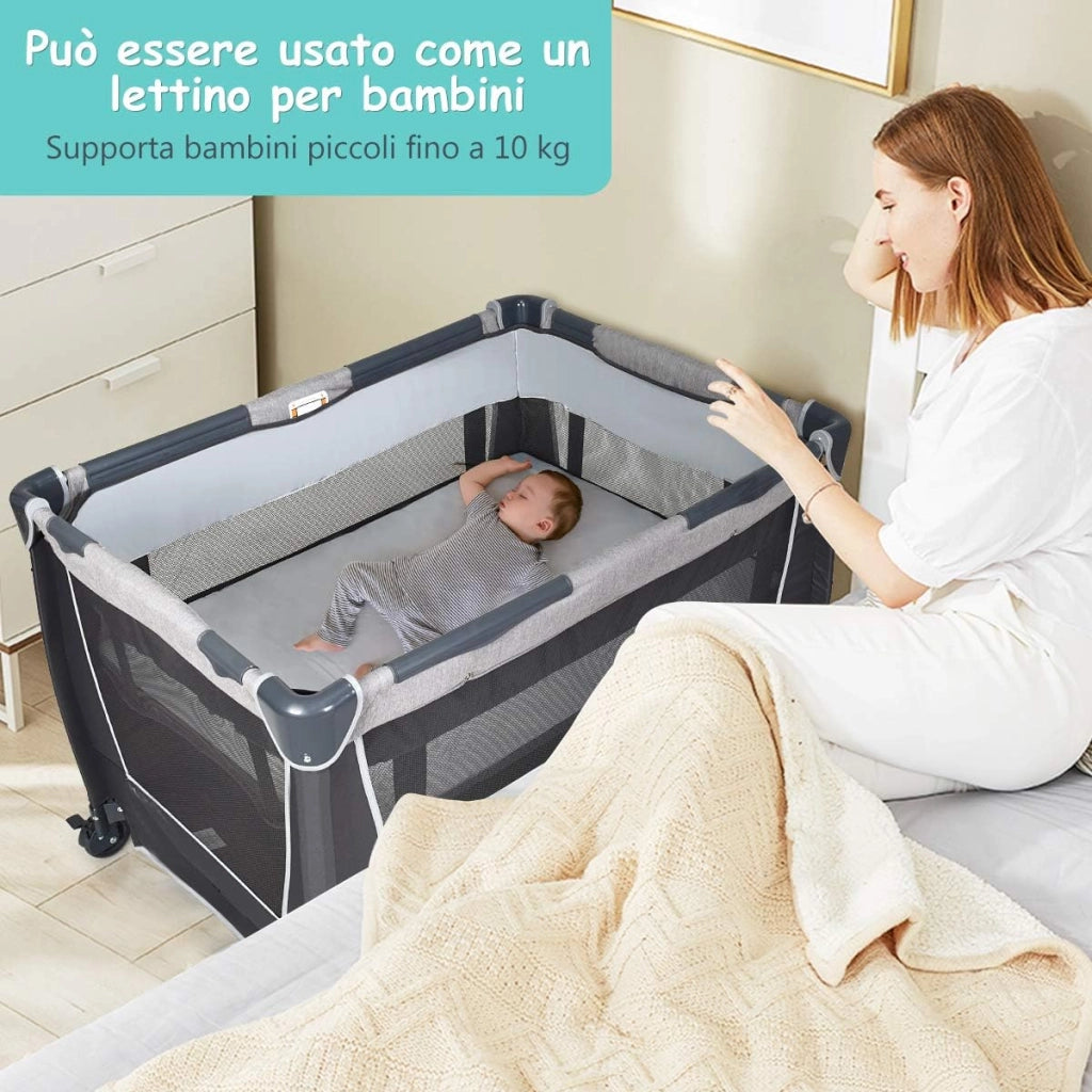 4 in 1 Lettino Neonato da Viaggio Pieghevole con Materasso, Culla da Campeggio con Fasciatoio e Giocattolo, per Bambini 0-36 Mesi fino a 15 kg (Grigio Scuro)