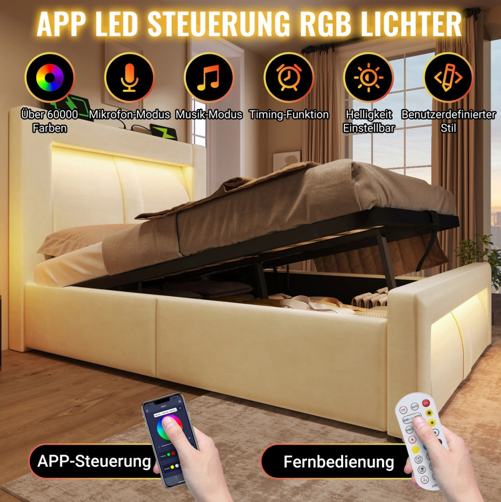 Letto imbottito con contenitore 180x200 cm, LED, USB e Type‑C