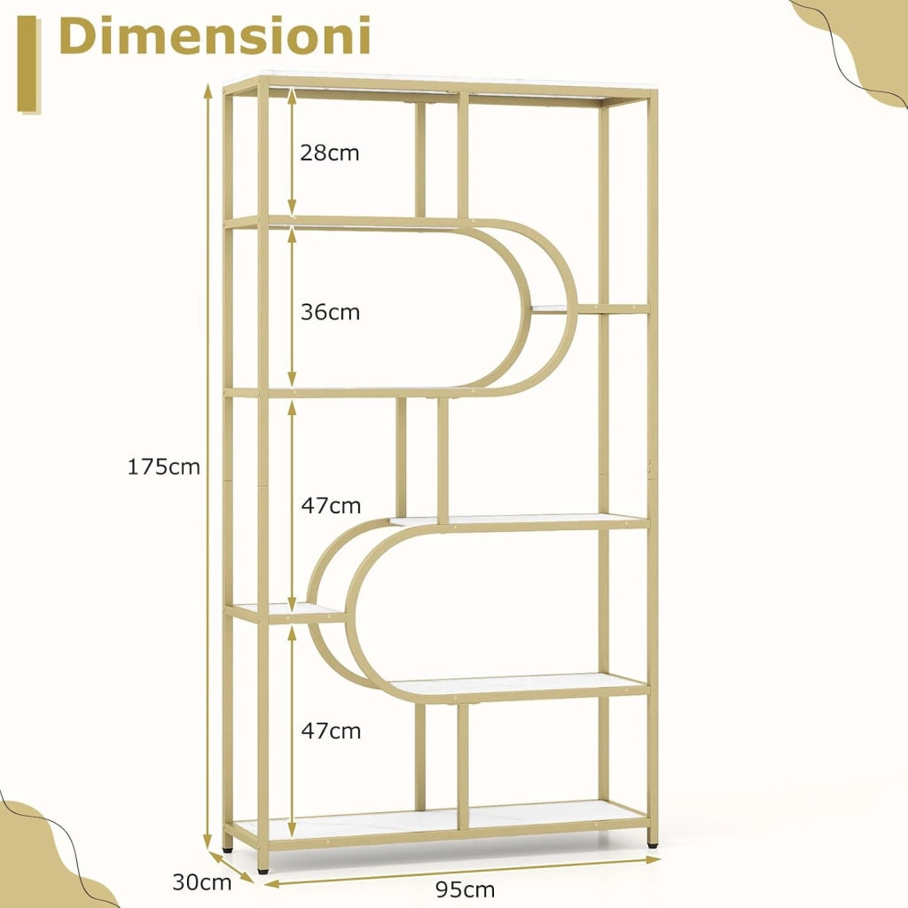 Libreria a 8 Ripiani, Scaffale Alto Autoportante a Forma di U, Struttura in Metallo, Organizzatore di Spazio per Soggiorno e Ufficio, 95x30x175 cm (Bianco+Oro)