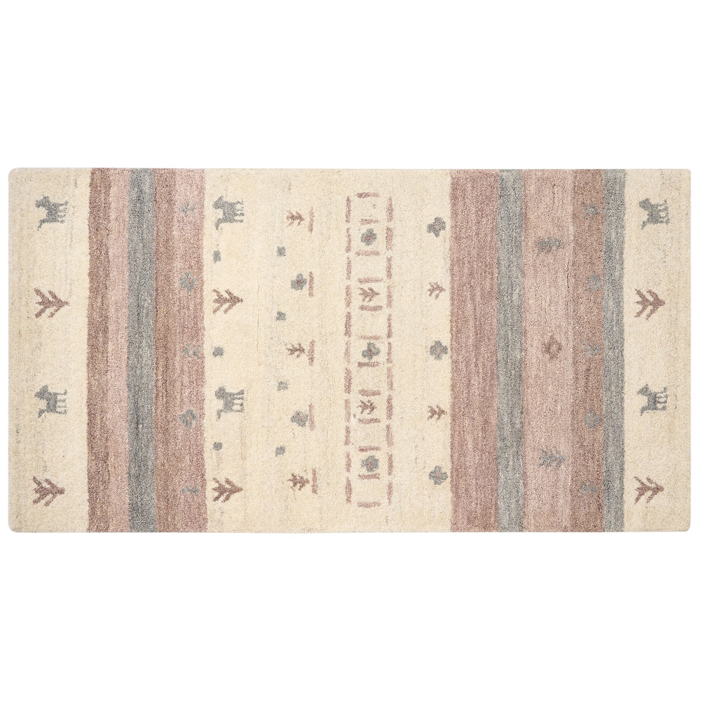 Tappeto Gabbeh in lana beige e marrone con motivo geometrico 80 x 150 cm stile boho soggiorno camera da letto
