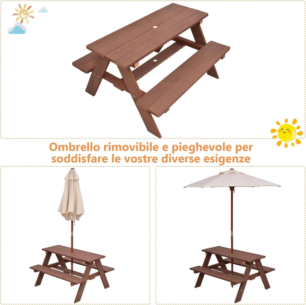 Tavolo da Picnic per Bambini con Parasole Pieghevole, Set di Tavolo e Panche per Giardino con Ombrellone Rimovibile, Panche in Legno, per Giardino, Cortile, Prato