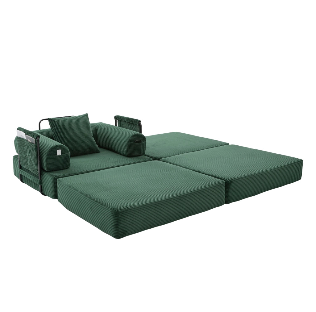 Divano modulare velluto a coste verde con pouf, cuscino e tasca laterale