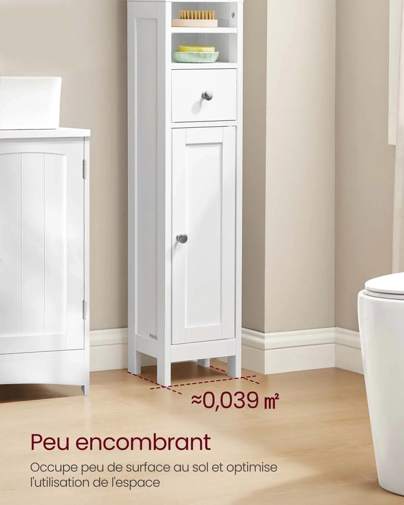 Mobiletto alto da bagno 195 x 214 x 180 cm stretto con ripiani regolabili cassetto e vani a giorno per piccoli spazi moderno bianco 12_0005198